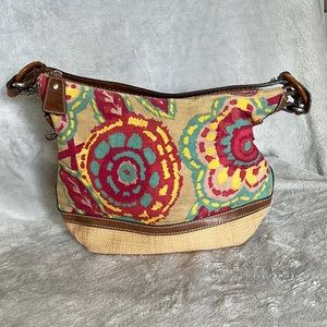 Fossil Large Floral Canvas Straw Boho Vintage Shoulder Bag Purse Tan Pink Green